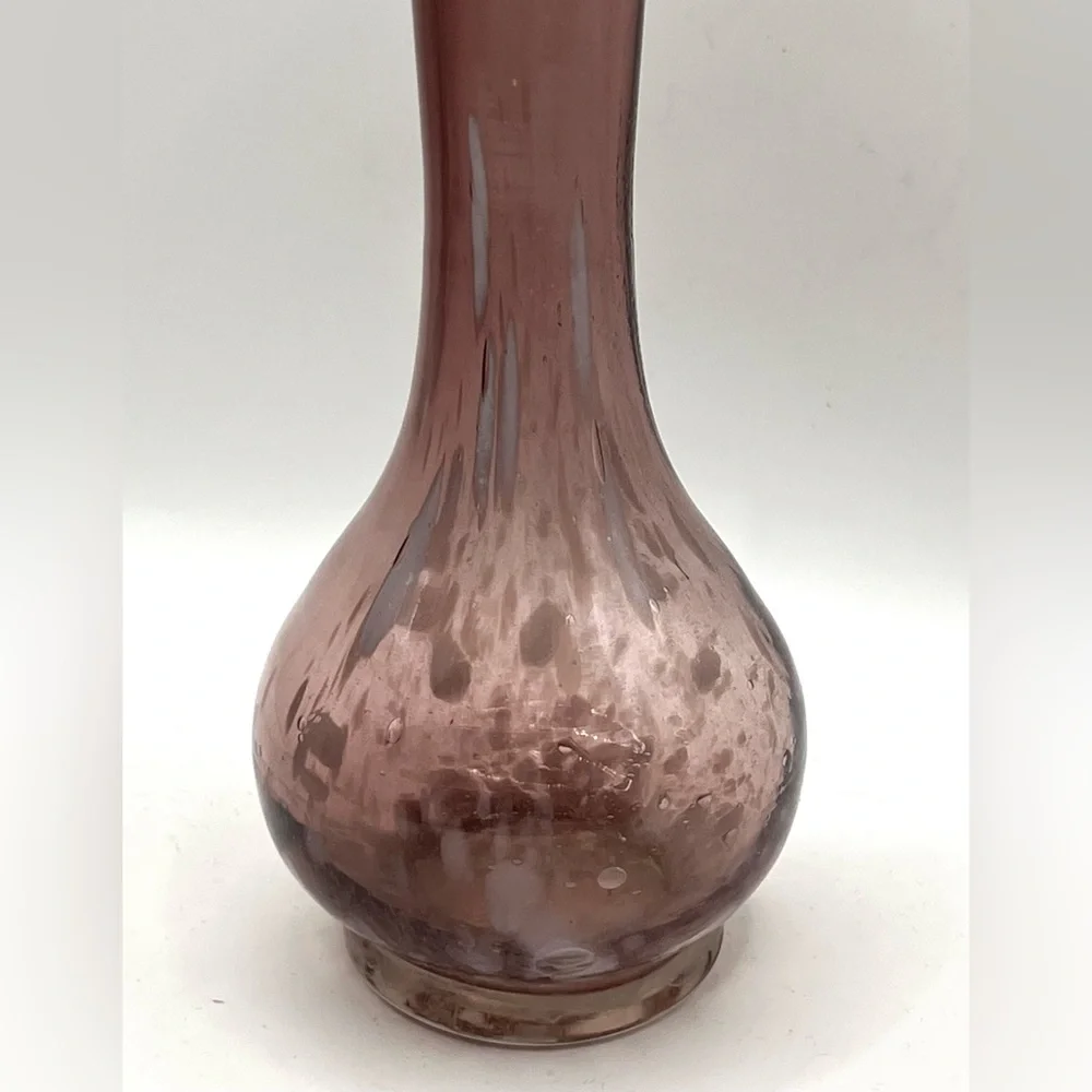 Vintage Purple Handblown Art Glass Bud Vase Ruffled Edges White Mottled 6.5 in